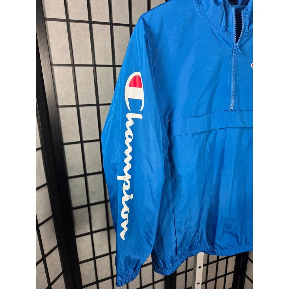 Champion Mens Blue Packable Anorak Windbreaker Jacket Script Logo Size L